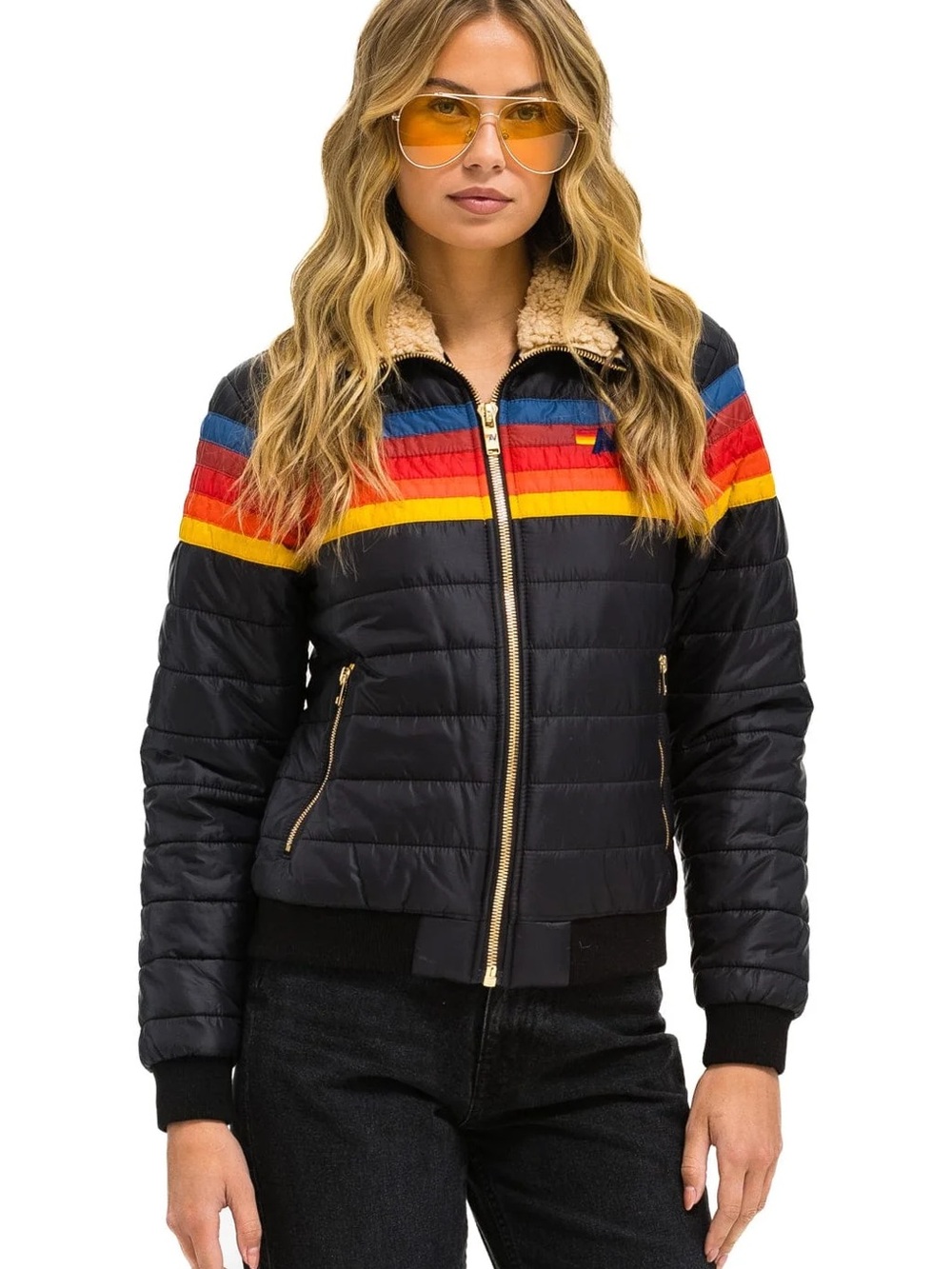 Aviator Nation Black Puffer Jacket with Rainbow Chest Stripes